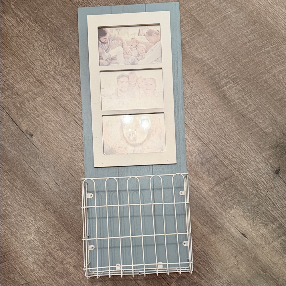 Blue and White Wall Photo Frame with Wire Basket